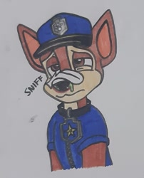 Size: 988x1223 | Tagged: safe, artist:l21fanarts, chase (paw patrol), canine, dog, mammal, nickelodeon, paw patrol, dog tag, drawing, feathers, male, snot, solo, solo male, this will not end well