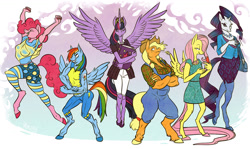 Size: 1280x763 | Tagged: dead source, safe, artist:ursa, applejack (mlp), fluttershy (mlp), pinkie pie (mlp), rainbow dash (mlp), rarity (mlp), twilight sparkle (mlp), alicorn, earth pony, equine, fictional species, mammal, pegasus, pony, unicorn, anthro, unguligrade anthro, friendship is magic, hasbro, my little pony, 2019, anthrofied, book, clothes, colored hooves, crown, dress, feathered wings, feathers, female, group, handbag, hooves, horn, jewelry, mane six (mlp), muscles, regalia, smiling, spread wings, straw in mouth, uniform, wings