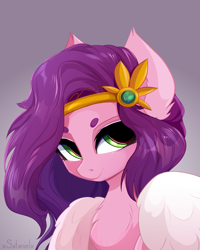 Size: 4000x5000 | Tagged: safe, artist:xsatanielx, pipp petals (mlp), equine, fictional species, mammal, pegasus, pony, hasbro, my little pony, my little pony g5, spoiler, spoiler:my little pony g5, 2021, absurd resolution, bust, circlet, feathered wings, feathers, female, fur, green eyes, hair, mane, mare, pink body, pink fur, purple hair, purple mane, smiling, solo, solo female, white wings, wings