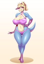 Size: 950x1371 | Tagged: suggestive, artist:mleonheart, cresselia, fictional species, legendary pokémon, anthro, unguligrade anthro, nintendo, pokémon, 2018, big breasts, bikini, blushing, breasts, butt, cameltoe, clothes, commission, digital art, ears, eyelashes, female, hand on hip, hooves, looking at you, nipple outline, open mouth, scales, simple background, solo, solo female, swimsuit, tail, thighs, tongue, underass, white background, wide hips