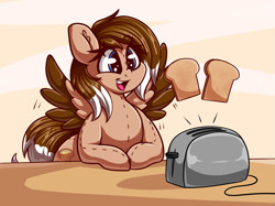 Size: 2861x2136 | Tagged: safe, artist:graphene, oc, oc only, oc:cinnamon toast, equine, fictional species, mammal, pegasus, pony, feral, friendship is magic, hasbro, my little pony, 2017, bread, breakfast, brown body, brown fur, brown hair, commission, cute, ear fluff, eyelashes, feathered wings, feathers, female, fluff, food, fur, hair, happy, high res, mare, plush pony, smiling, solo, solo female, spread wings, tail, toast, toaster, two toned wings, wings