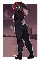 Size: 1179x1756 | Tagged: safe, artist:tanookiluna, oc, oc only, lagomorph, mammal, rabbit, anthro, 2021, boots, bottomwear, breasts, butt, clothes, commission, digital art, ears, female, floppy ears, fur, hair, jacket, looking at you, looking back, looking back at you, pants, pink nose, rear view, shirt, shoes, sideboob, solo, solo female, tail, topwear