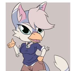 Size: 400x400 | Tagged: safe, artist:tanookiluna, oc, oc only, bird, hybrid, anthro, 1:1, 2021, bottomwear, breasts, clothes, collar, digital art, female, fur, hair, low res, open mouth, shirt, shorts, simple background, solo, solo female, tail, tongue, topwear