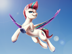 Size: 4000x3000 | Tagged: safe, artist:faline-art, zipp storm (mlp), equine, fictional species, mammal, pegasus, pony, hasbro, my little pony, my little pony g5, spoiler, spoiler:my little pony g5, 2021, female, flying, hair, heart, heart hoof, high res, lens flare, looking at you, mane, mare, open mouth, open smile, sky, smiling, smiling at you, solo, solo female, spread wings, tail, wings