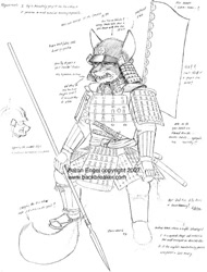 Size: 565x744 | Tagged: safe, artist:baron engel, canine, fox, mammal, anthro, armor, gritted teeth, helmet, japan, male, mask, solo, solo male, spear, sword, teeth, traditional art, weapon