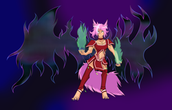 Size: 3417x2186 | Tagged: safe, artist:sky-railroad, animal humanoid, canine, demon, fictional species, mammal, wolf, humanoid, fire, hair, high res, male, pink hair, simple background, skimpy, solo, solo male