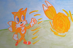 Size: 1280x834 | Tagged: safe, artist:dexstewart13, miles "tails" prower (sonic), canine, fox, mammal, red fox, anthro, plantigrade anthro, sega, sonic the hedgehog (series), 2021, ball, male, multiple tails, rolling, solo, solo male, spin dash, tail, traditional art