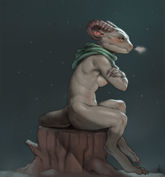Size: 928x1000 | Tagged: suggestive, artist:crestfallenart1, fictional species, kobold, reptile, anthro, breasts, female, log, nudity, snow, solo, solo female