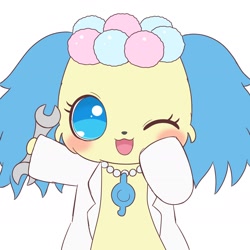 Size: 1668x1668 | Tagged: safe, artist:lulu_na15, sapphie (jewelpet), canine, cavalier king charles spaniel, dog, mammal, spaniel, semi-anthro, jewelpet (sanrio), sanrio, blushing, ears, female, garland, lab coat, one eye closed, solo, solo female, winking, wrench
