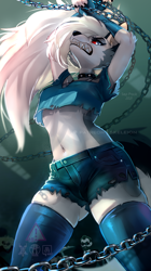 Size: 558x1000 | Tagged: safe, alternate version, artist:skeleion, loona (vivzmind), canine, fictional species, hellhound, human, mammal, anthro, hazbin hotel, helluva boss, 2021, angry, arm fluff, belly button, black nose, bottomwear, breasts, chain, clothes, collar, eyebrow piercing, eyebrows, eyelashes, eyeshadow, fangs, female, female focus, fingerless gloves, fur, gloves, gray body, gray fur, gritted teeth, hair, hair over one eye, jewelry, legwear, long hair, makeup, multicolored fur, piercing, red eyes, scene interpretation, sharp teeth, shorts, small breasts, solo focus, spiked collar, teeth, thigh highs, thighs, topwear, torn clothes, weapon, white body, white eyes, white fur, white hair