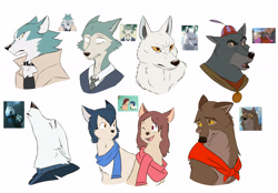 Size: 6681x4657 | Tagged: safe, artist:chub-wub, ame (wolf children), balto (balto), gary (zootopia), legoshi (beastars), moro (princess mononoke), sheriff of nottingham (robin hood), shirou ogami (bna), yuki (wolf children), canine, dog, fictional species, gray wolf, hybrid, mammal, werewolf, wolf, wolfdog, anthro, feral, balto (series), beastars, bna: brand new animal, disney, princess mononoke, robin hood (disney), studio ghibli, wolf children, zootopia, absurd resolution, chest fluff, clothes, collar, colored sclera, eyebrows, eyes closed, female, fluff, grumpy, hat, howling, jacket, looking at each other, male, necktie, one eye closed, open mouth, raised eyebrow, red eyes, scarf, school uniform, sharp teeth, shirt, smiling, teeth, topwear, winking, yellow eyes, yellow sclera