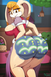 Size: 2400x3600 | Tagged: suggestive, alternate version, artist:miso_souperstar, vanilla the rabbit (sonic), lagomorph, mammal, rabbit, anthro, sega, sonic the hedgehog (series), 2019, big breasts, body paint, breasts, butt, clothes, dress, easter egg, eyelashes, female, gloves, hair, high res, holiday, huge butt, lipstick, long ears, looking at you, looking back, looking back at you, makeup, mature, mature female, orange eyes, orange hair, outdoors, painting, presenting, short tail, smiling, smiling at you, solo, solo female, tail, thick thighs, thighs