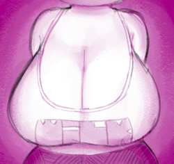 Size: 362x342 | Tagged: suggestive, artist:pester, collaboration, oc, oc only, oc:katrin, bovid, cattle, cow, mammal, anthro, bottomwear, breast focus, breasts, cleavage, clothes, female, huge breasts, low res, monochrome, shirt, shorts, solo, solo female, text, text on clothing, text on shirt, topwear