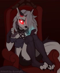 Size: 3413x4096 | Tagged: safe, artist:bubuvany, loona (vivzmind), canine, fictional species, hellhound, mammal, anthro, digitigrade anthro, hazbin hotel, helluva boss, 2021, arm fluff, armchair, black nose, bottomwear, breasts, claws, clothes, collar, colored sclera, dark, ear fluff, ear piercing, earring, ears, eyebrows, eyelashes, eyeshadow, female, fingerless gloves, fluff, fur, gloves, glowing, glowing eyes, gray body, gray fur, hair, hair over one eye, legwear, long hair, looking at you, makeup, multicolored fur, paws, piercing, red sclera, shoulder fluff, solo, solo female, spiked collar, tail, tail fluff, thick thighs, thigh highs, thighs, toeless legwear, topwear, torn clothes, torn ear, white body, white eyes, white fur, white hair