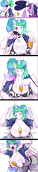 Size: 1212x5435 | Tagged: suggestive, artist:frist, princess celestia (mlp), twilight sparkle (mlp), alicorn, equine, fictional species, mammal, pony, friendship is magic, hasbro, my little pony, 12 oz challenge, 2021, abs, belt, big breasts, blushing, boob overflow, bottomwear, bra, breasts, cleavage, clothes, comic, confident, drink, female, hands behind head, huge breasts, jacket, mare, muscles, pants, sideboob, soda, soda can, solo focus, tail, topwear, underwear, wings
