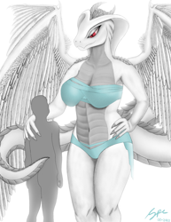 Size: 2550x3300 | Tagged: suggestive, artist:spe, oc, oc only, oc:selena illyana, dragon, fictional species, human, mammal, reptile, scaled dragon, western dragon, anthro, albino, bikini, breasts, claws, clothes, digital art, dragoness, duo, fangs, feathered wings, feathers, female, high res, horns, long tail, male, male/female, red eyes, scales, seductive, sharp teeth, silhouette, simple background, size difference, slit pupils, snake hood, spiked tail, swimsuit, tail, teeth, white background, white scales, wings