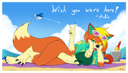 Size: 1500x866 | Tagged: safe, artist:atticus-kotch, audie (animal crossing), canine, mammal, wolf, anthro, digitigrade anthro, animal crossing, animal crossing: new horizons, nintendo, 2021, :p, ;p, aircraft, airplane, aloha shirt, beach, belly button, bikini, bikini top, black claws, black nose, blanket, blep, border, bottomless, breasts, cheek fluff, chest fluff, claws, clothes, cloud, commission, cream body, cream fur, digital art, ear fluff, ears, english text, eyelashes, featureless crotch, female, fluff, fur, gesture, glasses, glasses on head, green eyes, hair, looking at you, lying down, lying on the ground, multicolored fur, nudity, on side, one eye closed, orange body, orange fur, partial nudity, peace sign, pose, sand, shirt, sky, solo, solo female, sunglasses, sunglasses on head, swimsuit, tail, tail fluff, text, thighs, tongue, tongue out, topwear, two toned body, two toned fur, v sign, vehicle, white border, wide hips