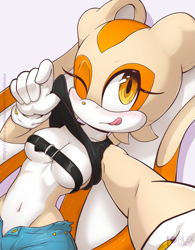 Size: 801x1025 | Tagged: suggestive, artist:rilexlenov, cream the rabbit (sonic), lagomorph, mammal, rabbit, anthro, cc by-nc, creative commons, sega, sonic the hedgehog (series), 2021, black nose, blushing, bottomwear, breasts, clothes, clothing lift, cream body, eyelashes, female, fur, gloves, licking, licking lips, looking at you, multicolored fur, older cream the rabbit, one eye closed, orange eyes, shorts, smiling, smiling at you, solo, solo female, tongue, tongue out, topwear, white body, white fur, winking