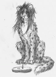 Size: 930x1280 | Tagged: safe, artist:a_inc, oc, oc only, oc:a_inc, cheetah, feline, mammal, feral, 2015, birthday, candle, claws, eyes closed, food, fur, grayscale, hair, holding, long hair, male, monochrome, mouth hold, paws, simple background, sitting, solo, solo male, spotted fur, tail, traditional art, white background