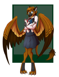 Size: 1555x2000 | Tagged: safe, artist:tomek1000, oc, oc only, bird, feline, fictional species, gryphon, mammal, anthro, digitigrade anthro, 2019, break, clothes, commission, feathered wings, feathers, female, glasses, hair, leonine tail, mane, round glasses, scroll, shirt, solo, solo female, tail, topwear, wings