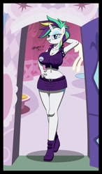 Size: 492x840 | Tagged: safe, artist:sonork91, rarity (mlp), equine, fictional species, mammal, pony, unicorn, anthro, plantigrade anthro, friendship is magic, hasbro, my little pony, 2017, alternate hairstyle, anthrofied, belly button, big breasts, bone, bottomwear, breasts, carousel boutique, clothes, eyelashes, eyeshadow, female, hair, horn, legs, looking at you, makeup, mare, mascara, midriff, multicolored mane, punk, shoes, shorts, signature, skull, smiling, solo, solo female, white body