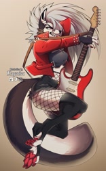 Size: 2289x3657 | Tagged: safe, artist:kageniec_, loona (vivzmind), canine, fictional species, hellhound, mammal, anthro, digitigrade anthro, hazbin hotel, helluva boss, 2021, bottomwear, breasts, claws, clothes, ear fluff, eyebrows, eyelashes, eyeshadow, fangs, female, fingerless gloves, fishnet, fishnet stockings, fluff, fur, gloves, gray background, gray body, gray fur, gritted teeth, guitar, hair, hair over one eye, high res, jacket, legwear, long hair, looking at you, makeup, multicolored fur, musical instrument, paw pads, paws, red eyes, see-through, sharp teeth, shorts, simple background, solo, solo female, stockings, tail, tail fluff, teeth, thick thighs, thigh highs, thighs, tongue, tongue out, topwear, torn clothes, underboob, underpaw, white body, white eyes, white fur