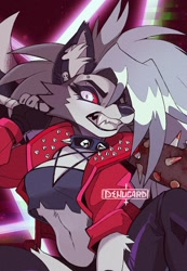 Size: 761x1100 | Tagged: safe, artist:denucard, loona (vivzmind), canine, fictional species, hellhound, mammal, anthro, hazbin hotel, helluva boss, 2021, angry, baseball bat, blood, clothes, fangs, female, looking at you, nail bat, sharp teeth, solo, solo female, teeth, weapon