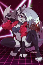 Size: 800x1200 | Tagged: safe, artist:denucard, loona (vivzmind), canine, fictional species, hellhound, mammal, anthro, digitigrade anthro, hazbin hotel, helluva boss, 2021, angry, baseball bat, blood, clothes, fangs, female, looking at you, nail bat, sharp teeth, solo, solo female, spiked bat, teeth, weapon