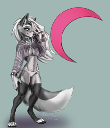Size: 1250x1451 | Tagged: safe, artist:wrenchthrower, loona (vivzmind), canine, fictional species, hellhound, mammal, anthro, digitigrade anthro, hazbin hotel, helluva boss, 2021, adorasexy, black nose, blushing, breasts, claws, cleavage, clothes, collar, colored sclera, cute, cute little fangs, ear fluff, ear piercing, earring, eyebrow piercing, eyebrows, eyelashes, eyeshadow, fangs, female, fluff, fur, gray body, gray fur, hair, hair over one eye, hoodie, legwear, long hair, looking at you, makeup, multicolored fur, palm pads, panties, paws, piercing, red sclera, sexy, smiling, smiling at you, solo, solo female, spiked wristband, tail, tail fluff, teeth, thigh highs, thighs, toeless legwear, topwear, underwear, white body, white eyes, white fur, white hair, wristband