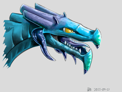 Size: 2000x1505 | Tagged: safe, artist:meater6, dragon, fictional species, reptile, scaled dragon, feral, 2021, ambiguous gender, fangs, gray background, horns, open mouth, scales, sharp teeth, signature, simple background, sketch, solo, solo ambiguous, teeth, tongue, tusks, yellow eyes