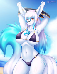 Size: 940x1209 | Tagged: suggestive, artist:mleonheart, oc, oc only, oc:princess vaxi, mammal, anthro, 2016, armpits, arms behind head, beach, belly button, bikini, black nose, breasts, clothes, cloud, commission, digital art, ears, eyelashes, female, fur, hair, looking at you, lyrian, nipple outline, ocean, pose, sand, sky, solo, solo female, swimsuit, thighs, water, wide hips