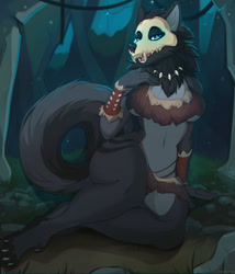Size: 1097x1280 | Tagged: safe, artist:chloe-dog, canine, mammal, wolf, anthro, digitigrade anthro, 2021, abyssal wolf, bedroom eyes, belly button, black nose, bone, bottomwear, breasts, clothes, commission, digital art, ears, eyelashes, female, forest, fur, hair, mask, open mouth, plant, pose, sharp teeth, shorts, sitting, skull, solo, solo female, tail, tank top, teeth, thighs, tongue, topwear, tree, wide hips