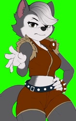 Size: 390x623 | Tagged: safe, artist:diacordst, gasket (paw patrol), canine, dog, husky, mammal, nordic sled dog, anthro, nickelodeon, paw patrol, 2021, bedroom eyes, belly button, belt, biker jacket, black nose, bottomwear, breasts, clothes, digital art, ears, eyelashes, female, fur, green background, hair, hand on hip, looking at you, older, rebel, shorts, simple background, solo, solo female, tail, tank top, thighs, topwear, unamused, wide hips