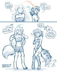 Size: 1068x1358 | Tagged: safe, artist:twokinds, kat (twokinds), raine (twokinds), fictional species, human, keidran, mammal, anthro, humanoid, twokinds, body swap, covering, nudity, partial color