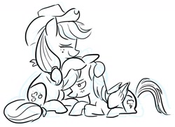 Size: 1175x853 | Tagged: safe, artist:raulziito, applejack (mlp), rainbow dash (mlp), earth pony, equine, fictional species, mammal, pegasus, pony, feral, friendship is magic, hasbro, my little pony, 2021, appledash (mlp), black and white, clothes, cowboy hat, duo, duo female, eyes closed, feathered wings, feathers, female, female/female, females only, folded wings, freckles, grayscale, hat, mare, monochrome, shipping, sitting, smiling, tail, wings