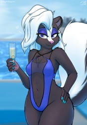Size: 1668x2388 | Tagged: safe, alternate version, artist:stargazer, oc, oc only, oc:courtney, mammal, skunk, anthro, 2021, adorasexy, bikini, black body, black fur, breasts, cleavage fluff, clothes, cute, cute little fangs, drink, ear fluff, eyebrows, eyelashes, eyeshadow, fangs, female, fluff, fur, hair, hand on hip, looking at you, makeup, multicolored fur, pink nose, purple eyes, sexy, shoulder fluff, sling bikini, smiling, smiling at you, solo, solo female, swimsuit, tail, tail fluff, teeth, thick thighs, thighs, two toned body, two toned fur, white body, white fur, white hair