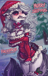 Size: 1651x2600 | Tagged: safe, artist:dimwitdog, loona (vivzmind), canine, fictional species, hellhound, mammal, anthro, hazbin hotel, helluva boss, 2020, angry, arm under breasts, black nose, blushing, breasts, chest fluff, christmas, cleavage fluff, clothes, colored sclera, cute, dialogue, ear fluff, ears, eyebrows, eyelashes, eyeshadow, fangs, female, fingerless gloves, fluff, fur, gloves, gray body, gray eyes, gray fur, gray hair, gritted teeth, hair, hat, holiday, long gloves, long hair, looking at you, madorable, makeup, multicolored fur, red sclera, santa hat, sharp teeth, shoulder fluff, solo, solo female, tail, tail fluff, talking, teeth, thighs, torn ear, vulgar, white body, white fur