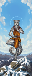 Size: 530x1264 | Tagged: safe, artist:choedan-kal, feline, fictional species, mammal, tabaxi, anthro, dungeons & dragons, 2018, bottomwear, claws, clothes, digital art, dress, front view, fur, gray body, gray fur, mountain, outdoors, paws, sky, solo, spots, spotted fur