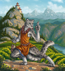 Size: 749x823 | Tagged: safe, artist:choedan-kal, feline, fictional species, mammal, tabaxi, anthro, dungeons & dragons, mountain, solo