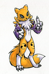 Size: 429x642 | Tagged: safe, artist:choedan-kal, fictional species, renamon, anthro, digimon, ambiguous gender, belly button, black sclera, blue eyes, chest fluff, claws, colored sclera, featureless crotch, fluff, fur, looking at you, multicolored fur, simple background, smiling, solo, solo ambiguous, tail, tail fluff, traditional art, two toned body, two toned fur, white background, white body, white fur, yellow body, yellow fur