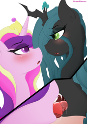Size: 2480x3507 | Tagged: suggestive, artist:drawalaverr, princess cadence (mlp), queen chrysalis (mlp), alicorn, arthropod, changeling, changeling queen, equine, fictional species, mammal, pony, feral, cc by-nc, creative commons, friendship is magic, hasbro, my little pony, 2021, blushing, cadalis (mlp), crown, duo, duo female, eyeshadow, fangs, female, female/female, females only, french kiss, high res, horn, infidelity, jewelry, kissing, lidded eyes, looking at each other, looking down, looking up, makeup, mare, offscreen character, open mouth, regalia, saliva, sharp teeth, shipping, simple background, teeth, tongue, tongue out