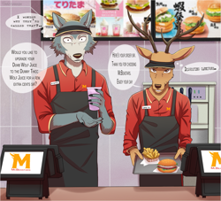 Size: 1041x947 | Tagged: safe, artist:samashtommy, legoshi (beastars), louis (beastars), canine, cervid, deer, mammal, wolf, anthro, beastars, mcdonald's, 2021, antlers, black nose, burger, cheese, clothes, commission, dairy products, dialogue, digital art, duo, duo male, ears, food, french fries, fur, hat, lettuce, looking at you, male, males only, meat, mocking, restaurant, speech bubble, talking, text, vegetables