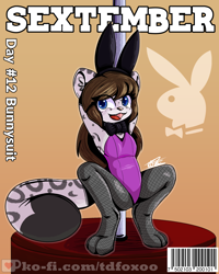 Size: 2000x2500 | Tagged: suggestive, artist:tdfoxoo, oc, oc only, big cat, feline, leopard, mammal, snow leopard, anthro, digitigrade anthro, bow, bow tie, bunny ears, bunny suit, clothes, crouching, cute, female, fishnet, fluff, high res, legwear, looking at you, magazine cover, playboy, playboy bunny, pole, pole dancing, see-through, sextember, sextember2021, sexy, smiling, solo, solo female, spread legs, stage, stockings, stripper, tail, tail fluff