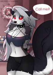Size: 1448x2048 | Tagged: safe, artist:bae-mon, loona (vivzmind), canine, fictional species, hellhound, mammal, anthro, hazbin hotel, helluva boss, 2021, adorasexy, belly button, big breasts, bottomwear, breasts, cleavage, clothes, collar, cute, dialogue, ear piercing, earring, ears, eye through hair, eyebrow through hair, eyebrows, eyelashes, eyeshadow, female, fluff, fur, gloves, gray body, gray fur, gray hair, hair, indoors, long hair, makeup, multicolored fur, open mouth, open smile, piercing, red eyes, sexy, shoulder fluff, shy, smiling, solo, solo female, speech bubble, spiked collar, tail, tail fluff, talking, thick thighs, thighs, topwear, torn clothes, torn ear, white body, white eyes, white fur