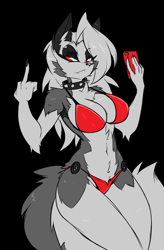 Size: 3496x5334 | Tagged: safe, artist:desertfoxkatbox, loona (vivzmind), canine, fictional species, hellhound, mammal, anthro, hazbin hotel, helluva boss, 2020, arm fluff, big breasts, bikini, black nose, breasts, cell phone, chest fluff, cleavage fluff, clothes, collar, colored sclera, ear fluff, ears, eyebrows, eyelashes, eyeshadow, fangs, female, fluff, fur, gray body, gray fur, gray hair, hair, high res, long hair, makeup, middle finger, multicolored fur, phone, red sclera, sharp teeth, shoulder fluff, smartphone, solo, solo female, spiked collar, swimsuit, tail, tail fluff, teeth, thighs, torn ear, vulgar, white body, white eyes, white fur