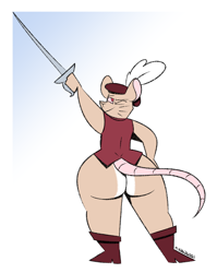 Size: 2608x3282 | Tagged: suggestive, artist:mythabyss, oc, oc only, mammal, rat, rodent, anthro, plantigrade anthro, cc by-nc, creative commons, big butt, black outline, boots, bottomless, butt, butt focus, clothes, commission, commissioner:taroumyaki, digital art, drawing, ears, feather in hat, flat colors, fur, gradient background, hairless tail, hands, hat, high res, illustration, looking back, nudity, one eye closed, partial nudity, red eyes, shoes, signature, solo, sword, tail, tan body, tan fur, topwear, vest, vrim, weapon, whiskers, white border, wide hips, winking