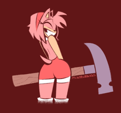 Size: 2550x2380 | Tagged: safe, artist:mythabyss, part of a set, amy rose (sonic), hedgehog, mammal, anthro, cc by-nc, creative commons, sega, sonic the hedgehog (series), black outline, brown background, butt, clothes, ears, eyes closed, female, flat colors, fur, gradient border, grin, hair, hammer, headband, high res, long eyelashes, pink body, pink fur, pink hair, rear view, red background, short tail, signature, simple background, solo, solo female, tail, tan body, tan fur, thighs