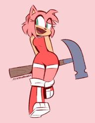 Size: 2300x3000 | Tagged: safe, artist:mythabyss, part of a set, amy rose (sonic), hedgehog, mammal, anthro, plantigrade anthro, cc by-nc, creative commons, sega, sonic the hedgehog (series), black outline, breasts, butt, clothes, ears, female, flat colors, front view, fur, hair, hammer, headband, high res, long eyelashes, looking away, open mouth, overalls, pink background, pink body, pink fur, pink hair, shoes, short tail, signature, simple background, solo, solo female, tail, tan body, tan fur, teal eyes, thighs