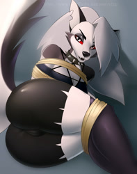 Size: 1011x1280 | Tagged: suggestive, artist:vtza, loona (vivzmind), canine, fictional species, hellhound, mammal, anthro, hazbin hotel, helluva boss, 2021, big butt, black nose, breasts, butt, butt focus, cameltoe, cleavage, clothes, collar, colored sclera, ears, eyebrows, eyelashes, eyeshadow, fangs, female, fur, gray body, gray fur, gray hair, hair, legwear, long hair, looking at you, makeup, multicolored fur, red sclera, sharp teeth, solo, solo female, spiked collar, tail, teeth, thick thighs, thigh highs, thighs, tied up, torn clothes, torn ear, white body, white eyes, white fur