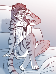 Size: 960x1280 | Tagged: safe, artist:heresyart, big cat, feline, mammal, tiger, anthro, 2021, arm fluff, bed, breasts, chest fluff, claws, clothes, ears, eyebrows, eyelashes, female, fluff, fur, hair, indoors, long hair, multicolored fur, open mouth, paws, pillow, shoulder fluff, solo, solo female, striped fur, stripes, tail, thighs, tigress